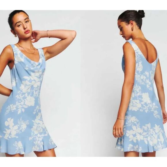 Reformation Rudie Mini Dress in Blue Floral Motif Cocktail Cowl Neck 6 NEW $198 - Picture 9 of 11